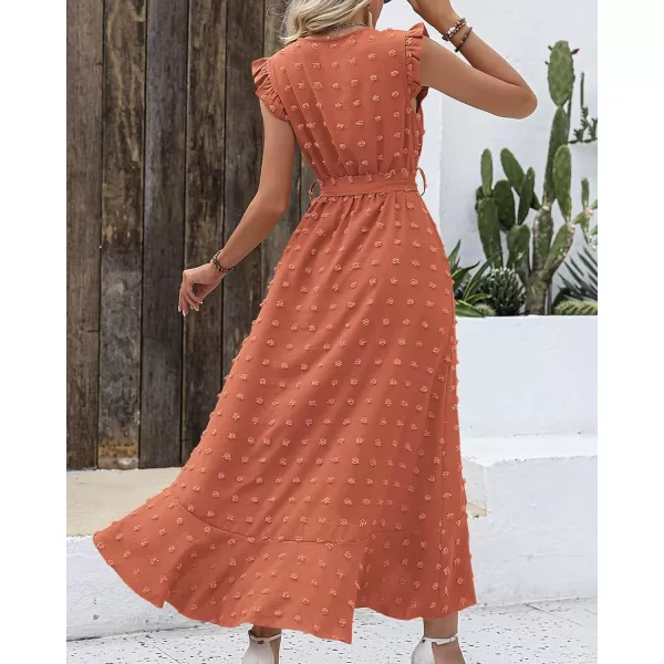 imageBTFBM Womens 2023 Summer Wrap V Neck Dress Ruffle Sleeve Swiss Dot Boho Ruffle Slit Beach Party Flowy Long Maxi DressesSwiss Dot Orange Red