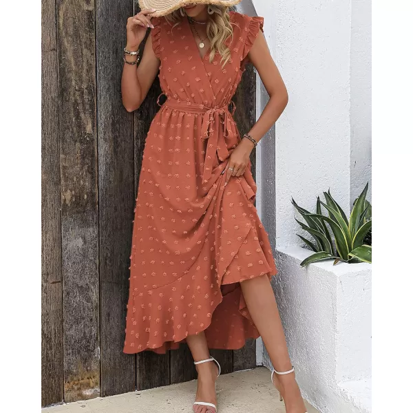 imageBTFBM Womens 2023 Summer Wrap V Neck Dress Ruffle Sleeve Swiss Dot Boho Ruffle Slit Beach Party Flowy Long Maxi DressesSwiss Dot Orange Red