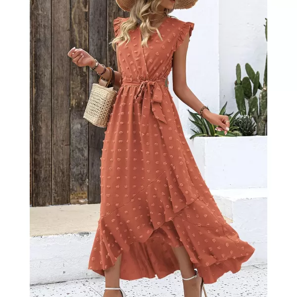 imageBTFBM Womens 2023 Summer Wrap V Neck Dress Ruffle Sleeve Swiss Dot Boho Ruffle Slit Beach Party Flowy Long Maxi DressesSwiss Dot Orange Red