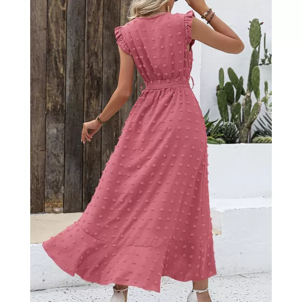 imageBTFBM Womens 2023 Summer Wrap V Neck Dress Ruffle Sleeve Swiss Dot Boho Ruffle Slit Beach Party Flowy Long Maxi DressesSwiss Dot Pink