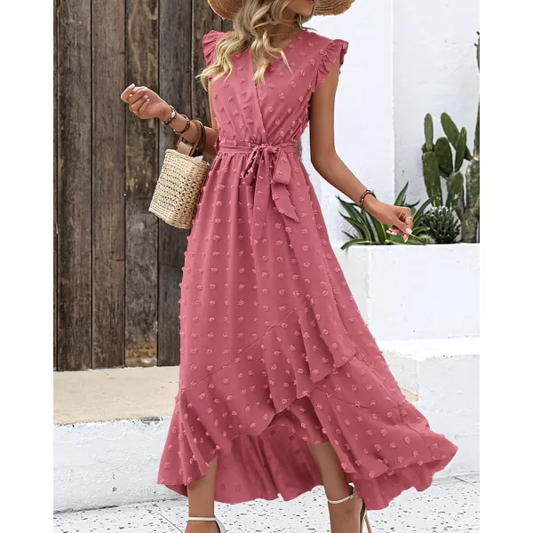 imageBTFBM Womens 2023 Summer Wrap V Neck Dress Ruffle Sleeve Swiss Dot Boho Ruffle Slit Beach Party Flowy Long Maxi DressesSwiss Dot Pink