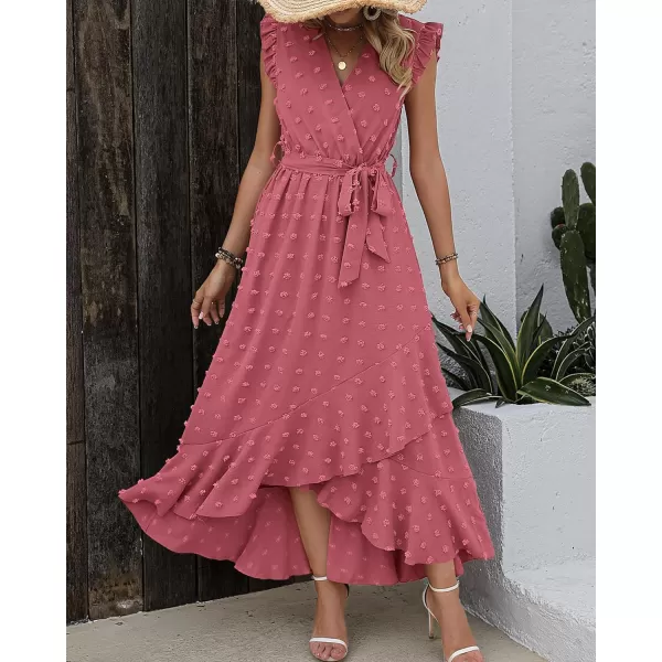 imageBTFBM Womens 2023 Summer Wrap V Neck Dress Ruffle Sleeve Swiss Dot Boho Ruffle Slit Beach Party Flowy Long Maxi DressesSwiss Dot Pink