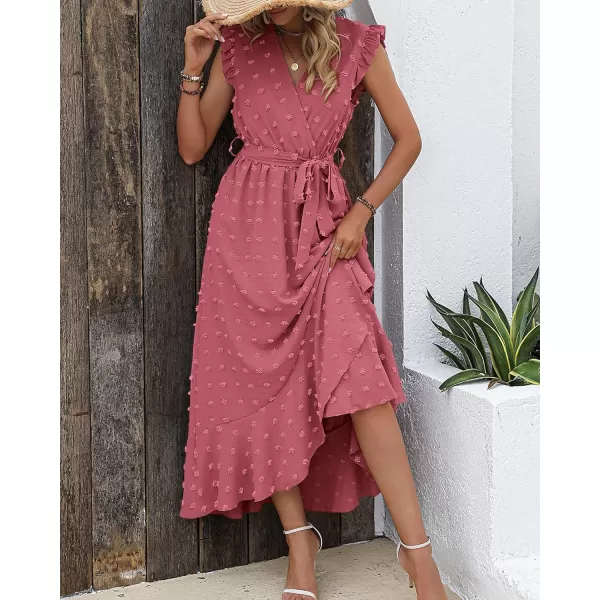 imageBTFBM Womens 2023 Summer Wrap V Neck Dress Ruffle Sleeve Swiss Dot Boho Ruffle Slit Beach Party Flowy Long Maxi DressesSwiss Dot Pink