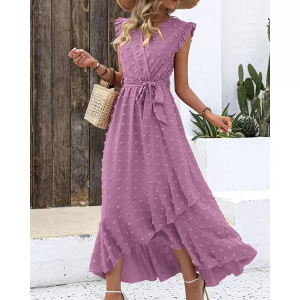 imageBTFBM Womens 2023 Summer Wrap V Neck Dress Ruffle Sleeve Swiss Dot Boho Ruffle Slit Beach Party Flowy Long Maxi DressesSwiss Dot Purple