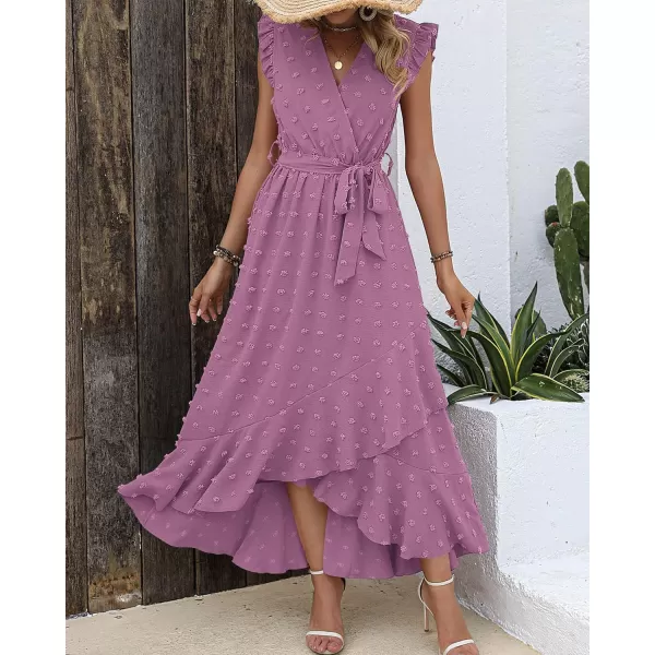 imageBTFBM Womens 2023 Summer Wrap V Neck Dress Ruffle Sleeve Swiss Dot Boho Ruffle Slit Beach Party Flowy Long Maxi DressesSwiss Dot Purple