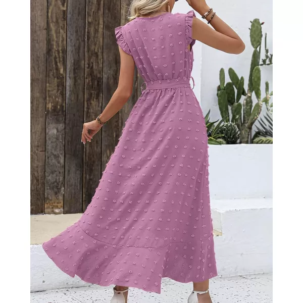 imageBTFBM Womens 2023 Summer Wrap V Neck Dress Ruffle Sleeve Swiss Dot Boho Ruffle Slit Beach Party Flowy Long Maxi DressesSwiss Dot Purple