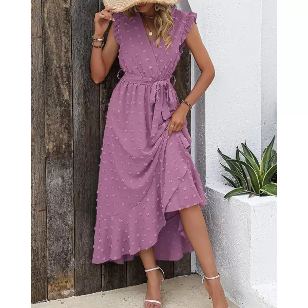 imageBTFBM Womens 2023 Summer Wrap V Neck Dress Ruffle Sleeve Swiss Dot Boho Ruffle Slit Beach Party Flowy Long Maxi DressesSwiss Dot Purple