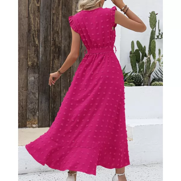 imageBTFBM Womens 2023 Summer Wrap V Neck Dress Ruffle Sleeve Swiss Dot Boho Ruffle Slit Beach Party Flowy Long Maxi DressesSwiss Dot Rose Red
