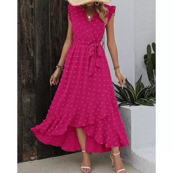 imageBTFBM Womens 2023 Summer Wrap V Neck Dress Ruffle Sleeve Swiss Dot Boho Ruffle Slit Beach Party Flowy Long Maxi DressesSwiss Dot Rose Red