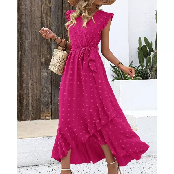 imageBTFBM Womens 2023 Summer Wrap V Neck Dress Ruffle Sleeve Swiss Dot Boho Ruffle Slit Beach Party Flowy Long Maxi DressesSwiss Dot Rose Red