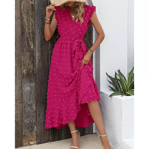 imageBTFBM Womens 2023 Summer Wrap V Neck Dress Ruffle Sleeve Swiss Dot Boho Ruffle Slit Beach Party Flowy Long Maxi DressesSwiss Dot Rose Red