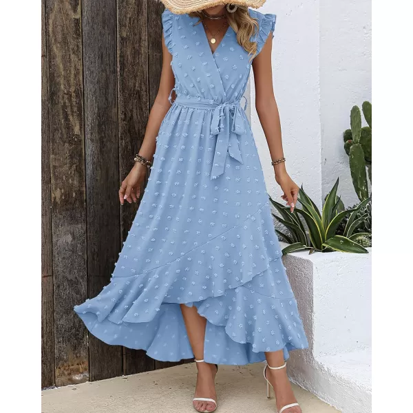 imageBTFBM Womens 2023 Summer Wrap V Neck Dress Ruffle Sleeve Swiss Dot Boho Ruffle Slit Beach Party Flowy Long Maxi DressesSwiss Dot Sky Blue