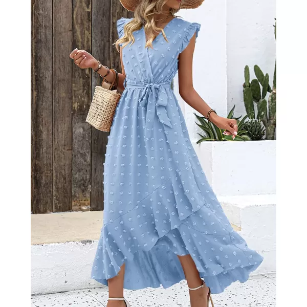 imageBTFBM Womens 2023 Summer Wrap V Neck Dress Ruffle Sleeve Swiss Dot Boho Ruffle Slit Beach Party Flowy Long Maxi DressesSwiss Dot Sky Blue