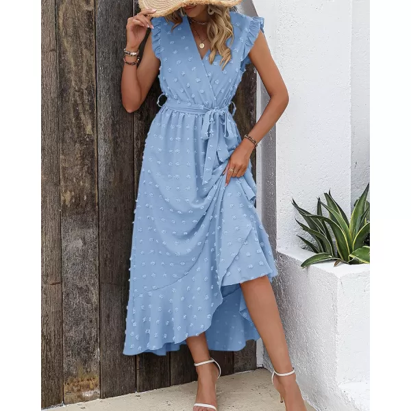 imageBTFBM Womens 2023 Summer Wrap V Neck Dress Ruffle Sleeve Swiss Dot Boho Ruffle Slit Beach Party Flowy Long Maxi DressesSwiss Dot Sky Blue