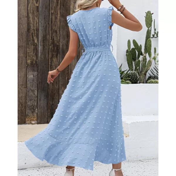 imageBTFBM Womens 2023 Summer Wrap V Neck Dress Ruffle Sleeve Swiss Dot Boho Ruffle Slit Beach Party Flowy Long Maxi DressesSwiss Dot Sky Blue