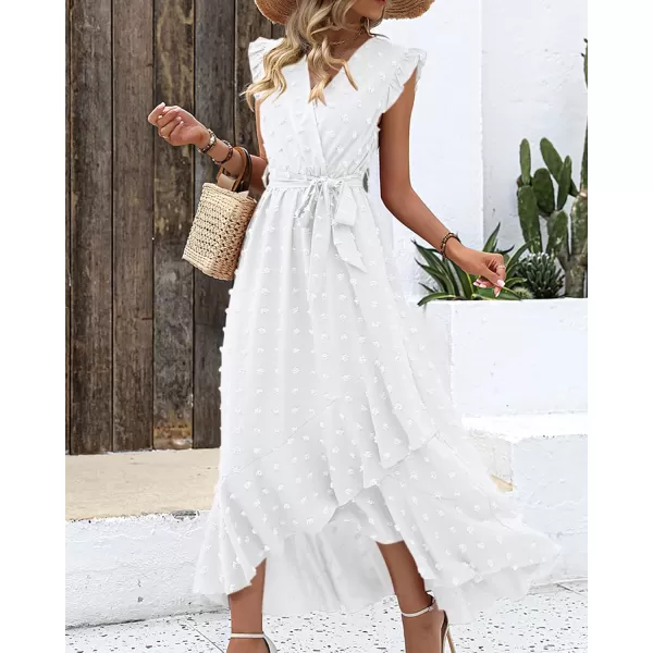 imageBTFBM Womens 2023 Summer Wrap V Neck Dress Ruffle Sleeve Swiss Dot Boho Ruffle Slit Beach Party Flowy Long Maxi DressesSwiss Dot White