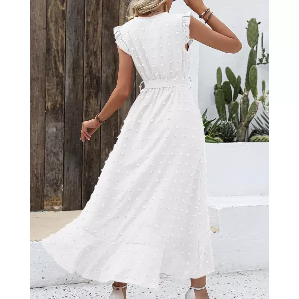 imageBTFBM Womens 2023 Summer Wrap V Neck Dress Ruffle Sleeve Swiss Dot Boho Ruffle Slit Beach Party Flowy Long Maxi DressesSwiss Dot White