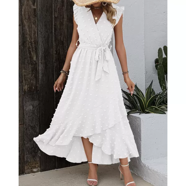 imageBTFBM Womens 2023 Summer Wrap V Neck Dress Ruffle Sleeve Swiss Dot Boho Ruffle Slit Beach Party Flowy Long Maxi DressesSwiss Dot White