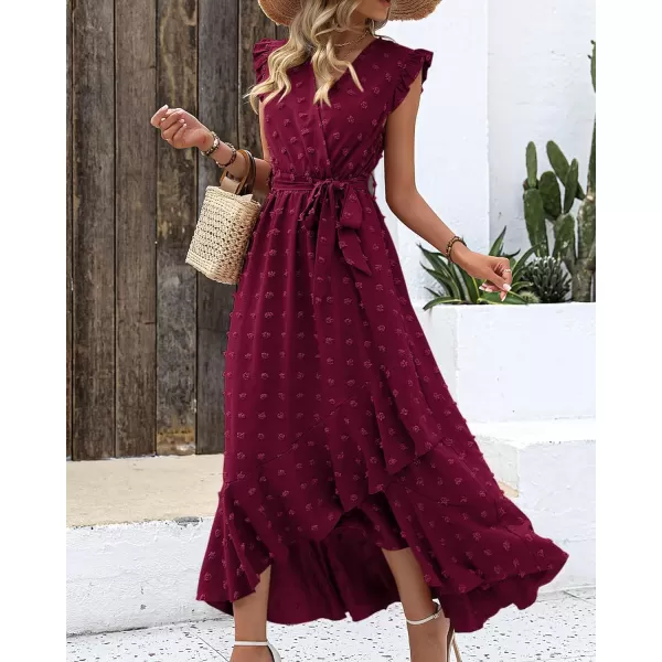 imageBTFBM Womens 2023 Summer Wrap V Neck Dress Ruffle Sleeve Swiss Dot Boho Ruffle Slit Beach Party Flowy Long Maxi DressesSwiss Dot Wine Red