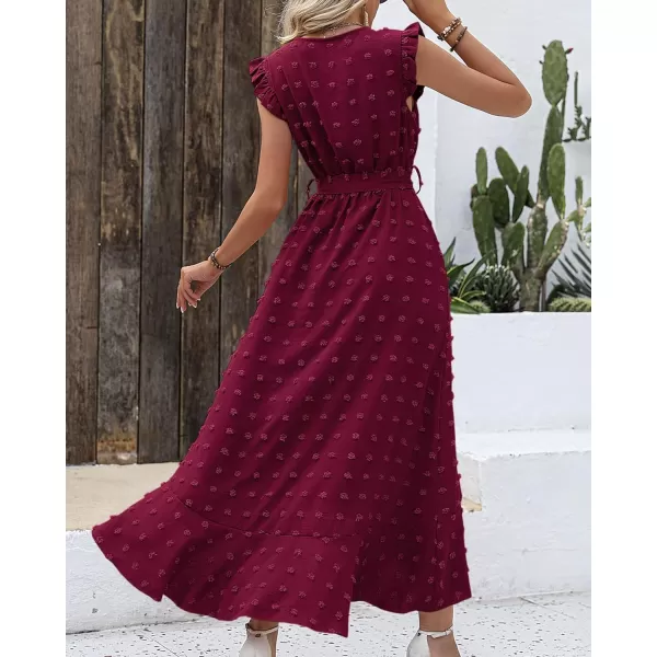 imageBTFBM Womens 2023 Summer Wrap V Neck Dress Ruffle Sleeve Swiss Dot Boho Ruffle Slit Beach Party Flowy Long Maxi DressesSwiss Dot Wine Red