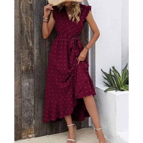 imageBTFBM Womens 2023 Summer Wrap V Neck Dress Ruffle Sleeve Swiss Dot Boho Ruffle Slit Beach Party Flowy Long Maxi DressesSwiss Dot Wine Red