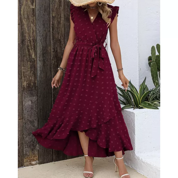 imageBTFBM Womens 2023 Summer Wrap V Neck Dress Ruffle Sleeve Swiss Dot Boho Ruffle Slit Beach Party Flowy Long Maxi DressesSwiss Dot Wine Red