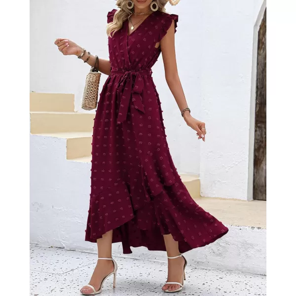 imageBTFBM Womens 2023 Summer Wrap V Neck Dress Ruffle Sleeve Swiss Dot Boho Ruffle Slit Beach Party Flowy Long Maxi DressesSwiss Dot Wine Red