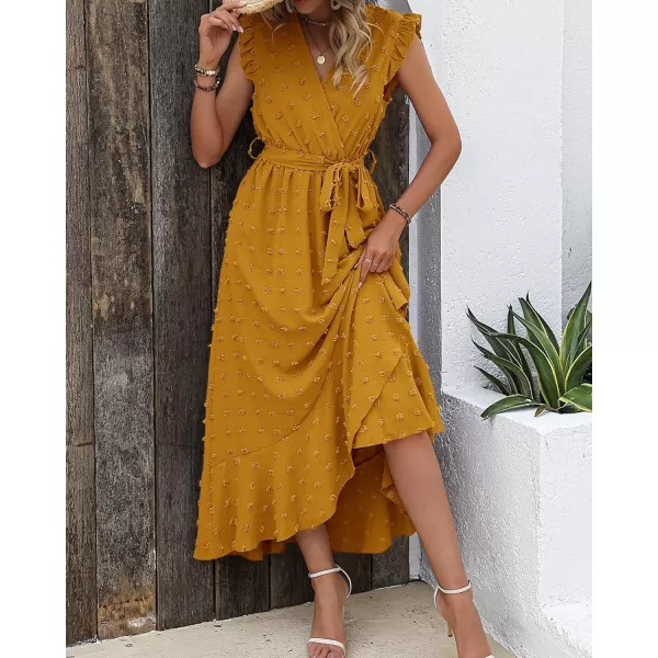 imageBTFBM Womens 2023 Summer Wrap V Neck Dress Ruffle Sleeve Swiss Dot Boho Ruffle Slit Beach Party Flowy Long Maxi DressesSwiss Dot Yellow