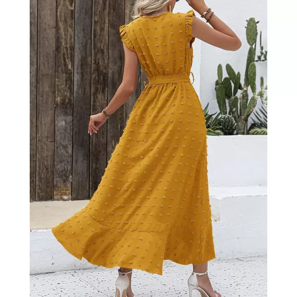 imageBTFBM Womens 2023 Summer Wrap V Neck Dress Ruffle Sleeve Swiss Dot Boho Ruffle Slit Beach Party Flowy Long Maxi DressesSwiss Dot Yellow