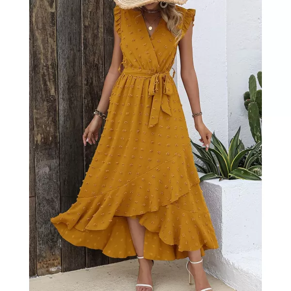 imageBTFBM Womens 2023 Summer Wrap V Neck Dress Ruffle Sleeve Swiss Dot Boho Ruffle Slit Beach Party Flowy Long Maxi DressesSwiss Dot Yellow