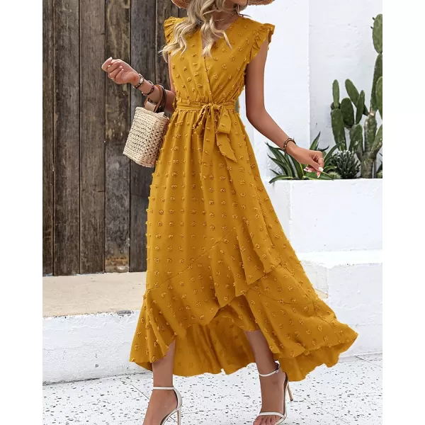 imageBTFBM Womens 2023 Summer Wrap V Neck Dress Ruffle Sleeve Swiss Dot Boho Ruffle Slit Beach Party Flowy Long Maxi DressesSwiss Dot Yellow