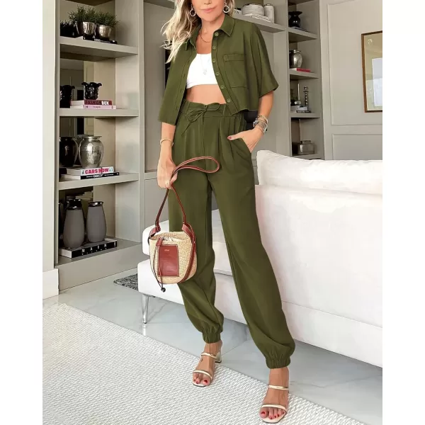 imageBTFBM Womens 2024 Summer 2 Piece Outfits Tracksuit Short Sleeve Cropped Button Down Shirt Long Pant Lounge Matching SetSolid Army Green