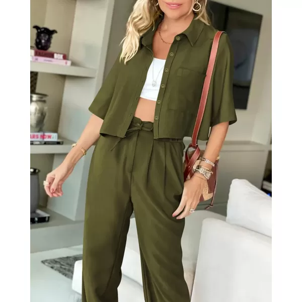 imageBTFBM Womens 2024 Summer 2 Piece Outfits Tracksuit Short Sleeve Cropped Button Down Shirt Long Pant Lounge Matching SetSolid Army Green