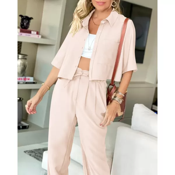 imageBTFBM Womens 2024 Summer 2 Piece Outfits Tracksuit Short Sleeve Cropped Button Down Shirt Long Pant Lounge Matching SetSolid Beige