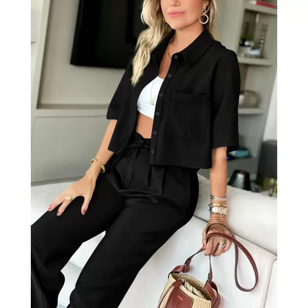 imageBTFBM Womens 2024 Summer 2 Piece Outfits Tracksuit Short Sleeve Cropped Button Down Shirt Long Pant Lounge Matching SetSolid Black