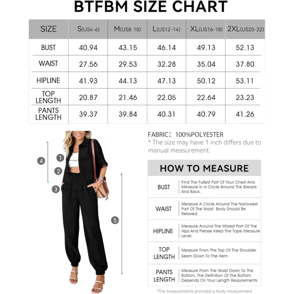 imageBTFBM Womens 2024 Summer 2 Piece Outfits Tracksuit Short Sleeve Cropped Button Down Shirt Long Pant Lounge Matching SetSolid Black