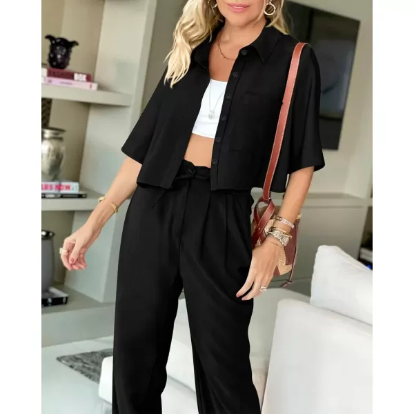 imageBTFBM Womens 2024 Summer 2 Piece Outfits Tracksuit Short Sleeve Cropped Button Down Shirt Long Pant Lounge Matching SetSolid Black