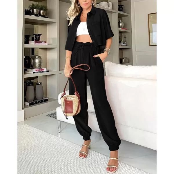 imageBTFBM Womens 2024 Summer 2 Piece Outfits Tracksuit Short Sleeve Cropped Button Down Shirt Long Pant Lounge Matching SetSolid Black