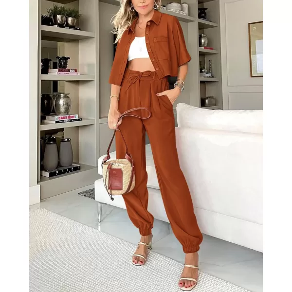 imageBTFBM Womens 2024 Summer 2 Piece Outfits Tracksuit Short Sleeve Cropped Button Down Shirt Long Pant Lounge Matching SetSolid Brick Red