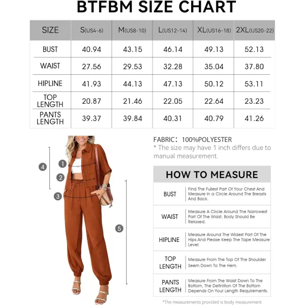 imageBTFBM Womens 2024 Summer 2 Piece Outfits Tracksuit Short Sleeve Cropped Button Down Shirt Long Pant Lounge Matching SetSolid Brick Red