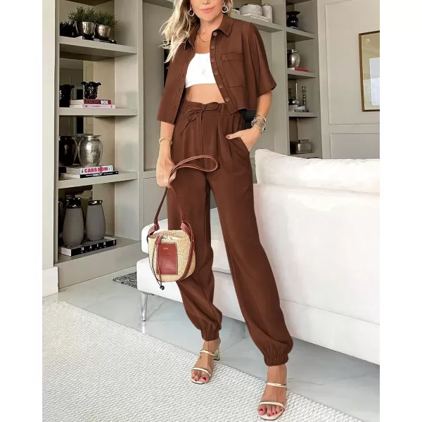 imageBTFBM Womens 2024 Summer 2 Piece Outfits Tracksuit Short Sleeve Cropped Button Down Shirt Long Pant Lounge Matching SetSolid Brown