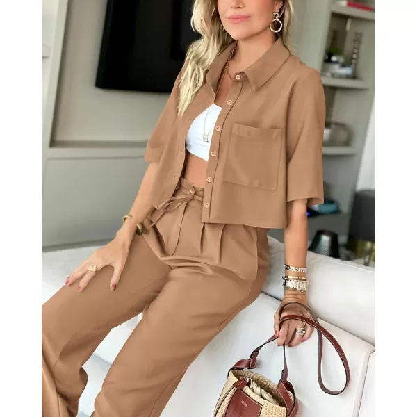 imageBTFBM Womens 2024 Summer 2 Piece Outfits Tracksuit Short Sleeve Cropped Button Down Shirt Long Pant Lounge Matching SetSolid Khaki