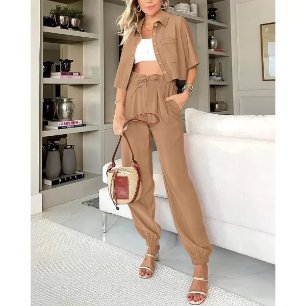 imageBTFBM Womens 2024 Summer 2 Piece Outfits Tracksuit Short Sleeve Cropped Button Down Shirt Long Pant Lounge Matching SetSolid Khaki