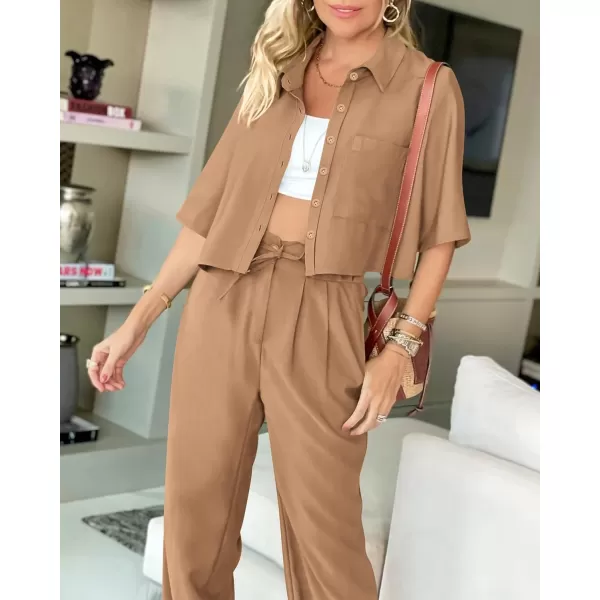 imageBTFBM Womens 2024 Summer 2 Piece Outfits Tracksuit Short Sleeve Cropped Button Down Shirt Long Pant Lounge Matching SetSolid Khaki