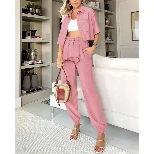 imageBTFBM Womens 2024 Summer 2 Piece Outfits Tracksuit Short Sleeve Cropped Button Down Shirt Long Pant Lounge Matching SetSolid Pink