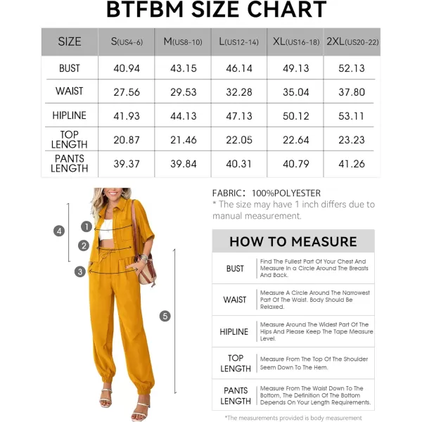 imageBTFBM Womens 2024 Summer 2 Piece Outfits Tracksuit Short Sleeve Cropped Button Down Shirt Long Pant Lounge Matching SetSolid Turmeric