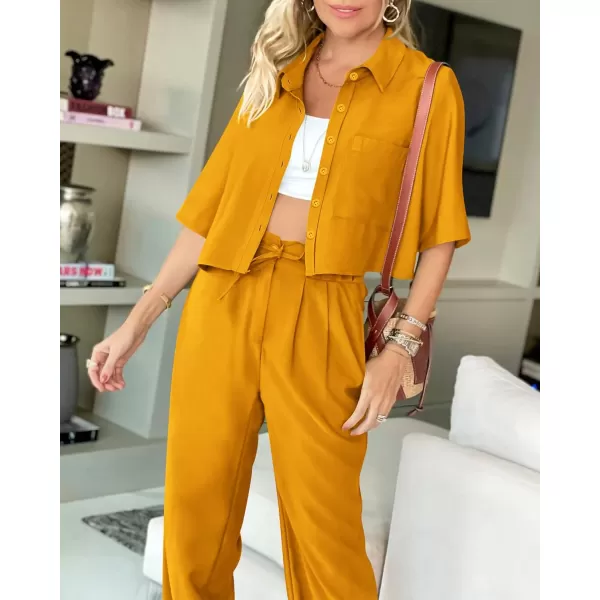 imageBTFBM Womens 2024 Summer 2 Piece Outfits Tracksuit Short Sleeve Cropped Button Down Shirt Long Pant Lounge Matching SetSolid Turmeric