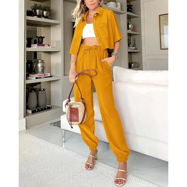 imageBTFBM Womens 2024 Summer 2 Piece Outfits Tracksuit Short Sleeve Cropped Button Down Shirt Long Pant Lounge Matching SetSolid Turmeric