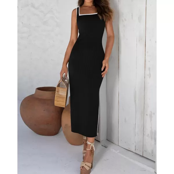imageBTFBM Womens 2024 Summer Knit Bodycon Maxi Dress Sleeveless Square Neck Slit Tank Party Club Ribbed Sweater DressesSolid Black