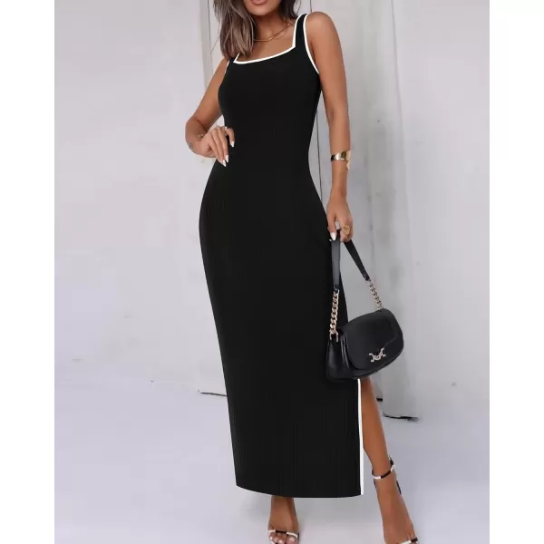 imageBTFBM Womens 2024 Summer Knit Bodycon Maxi Dress Sleeveless Square Neck Slit Tank Party Club Ribbed Sweater DressesSolid Black